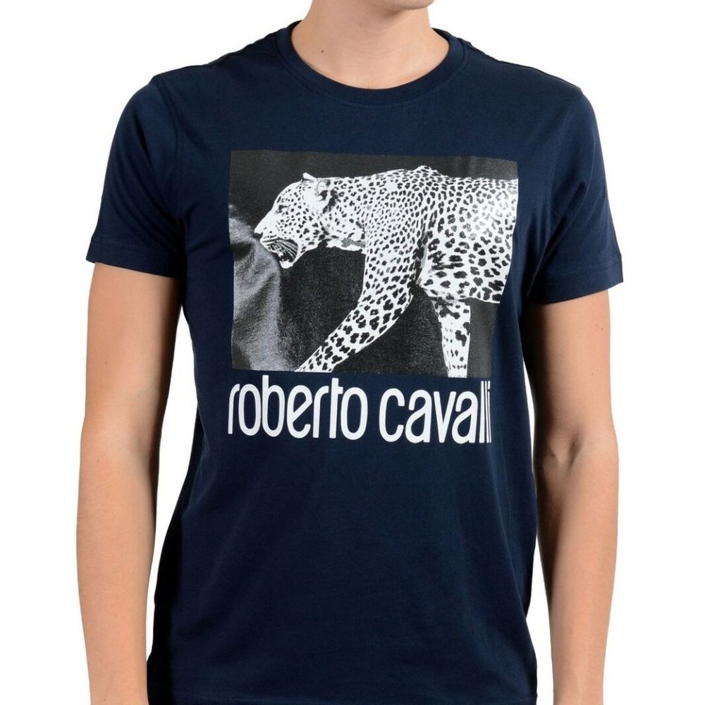 Roberto Cavalli Men's Blue Graphic Leopard T-Shirt